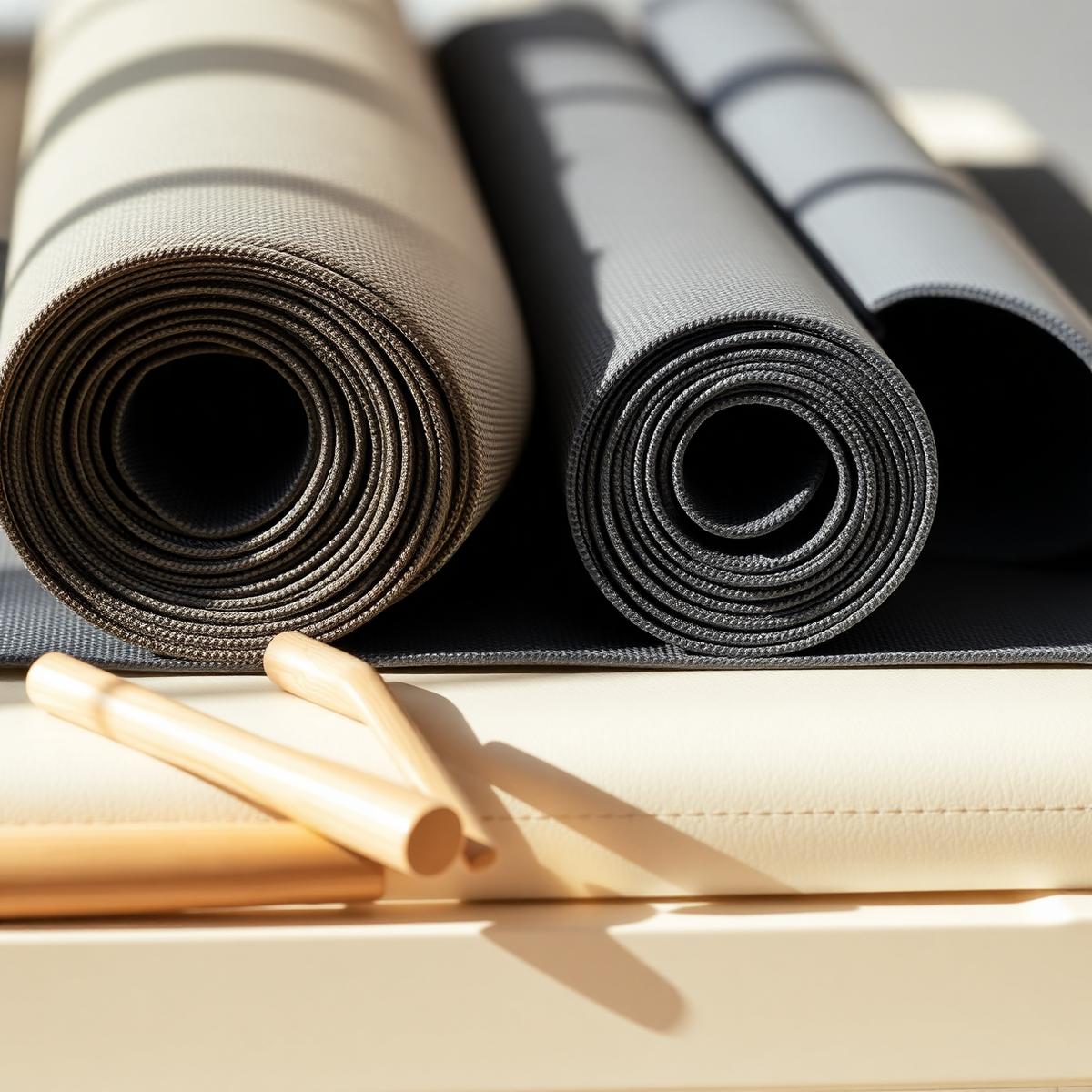 Rolled Pilates mats and props